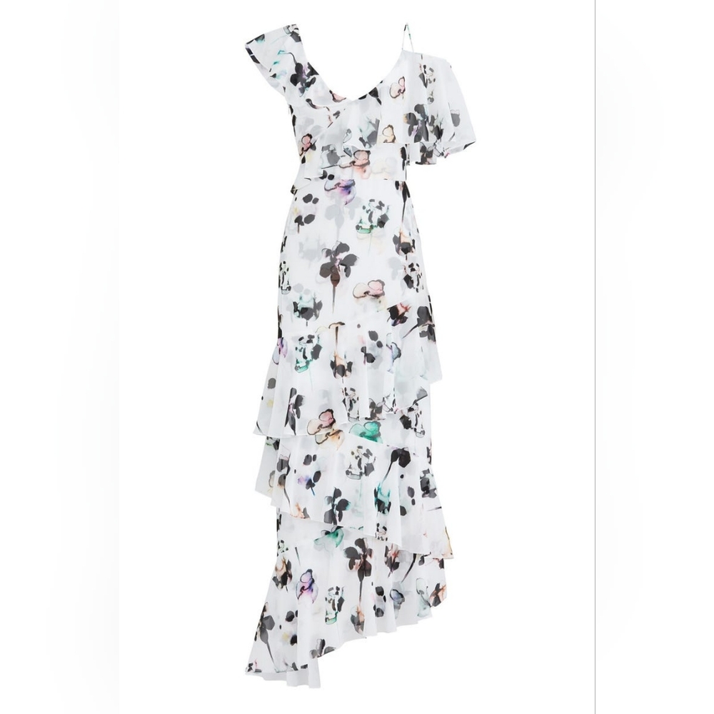$500 MONIQUE LHUILLIER WHITE GARDENIA FLORAL RUNWAY BALL GOWN US 14
